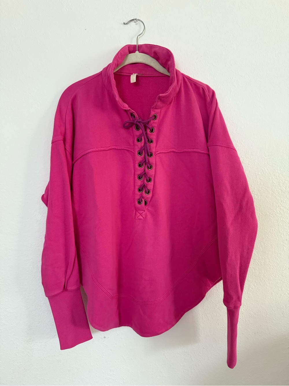 Anthropologie Pilcro Women's Hot Pink Lace-Up Pullover Sweatshirt Henley Cotton